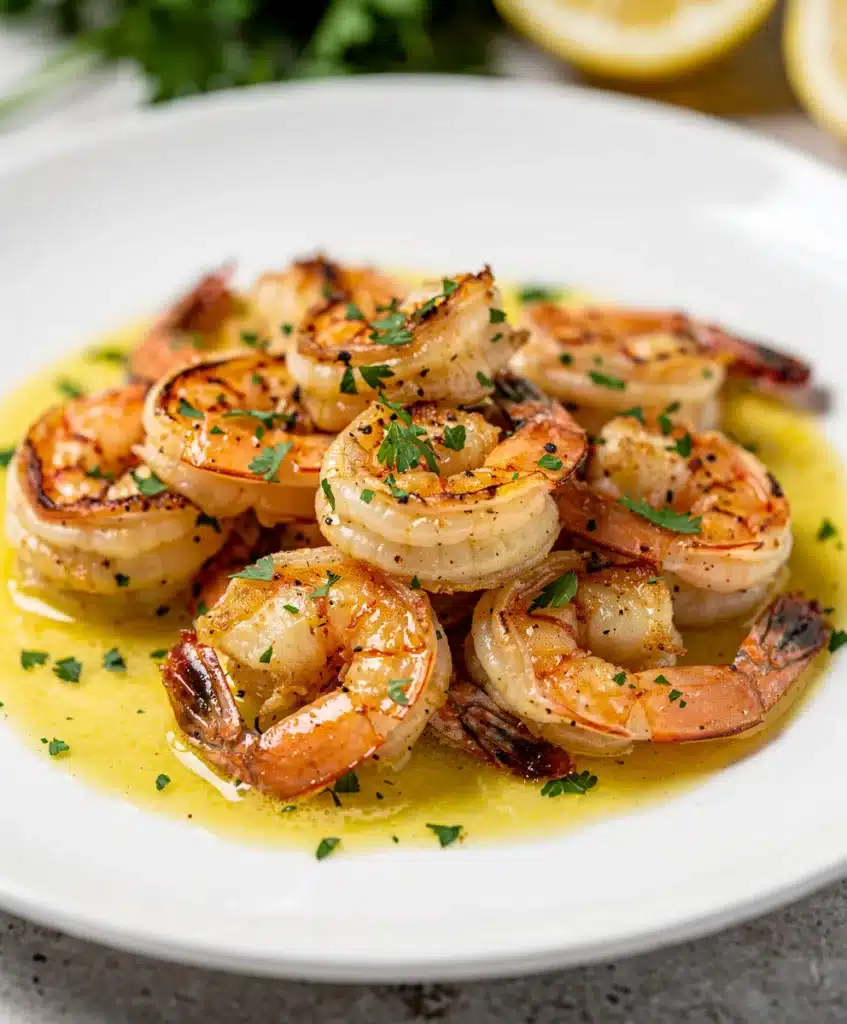 Garlic lemon shrimp skillet with buttery sauce and crusty bread for dipping