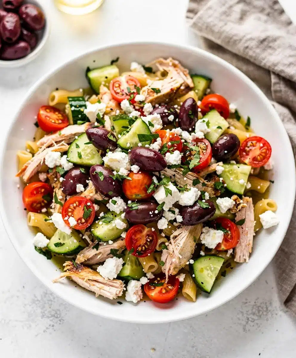 Greek chicken pasta salad with rotini, feta, olives, and lemony herb vinaigrette.