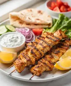 Juicy Greek chicken souvlaki skewers with tzatziki and warm pita bread.