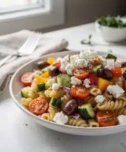 Creamy Greek yogurt pasta salad with fresh vegetables and crumbled feta cheese.