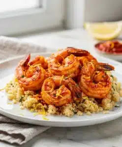Harissa shrimp with fluffy couscous in a bright, homemade, close-up food photo.