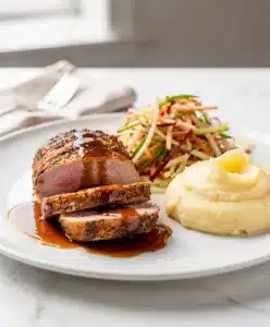Herb roasted pork tenderloin sliced on a rustic wooden cutting board.