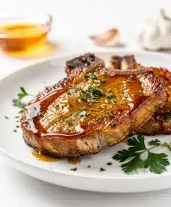 Honey garlic pork chops with a golden seared crust and sticky glaze.