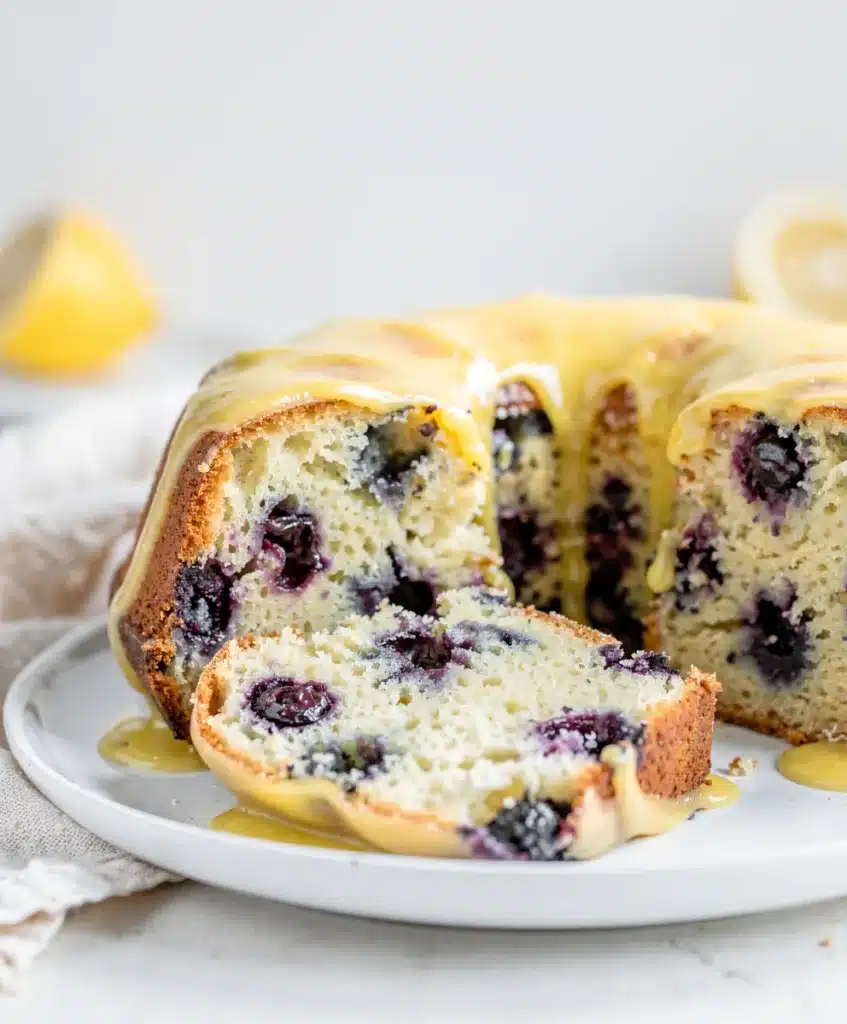 Moist lemon blueberry pound cake slice with glossy glaze on white plate
