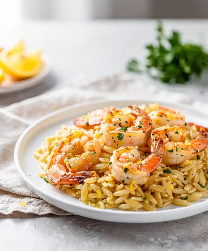 Creamy lemon garlic shrimp with orzo pasta in a bright close up.