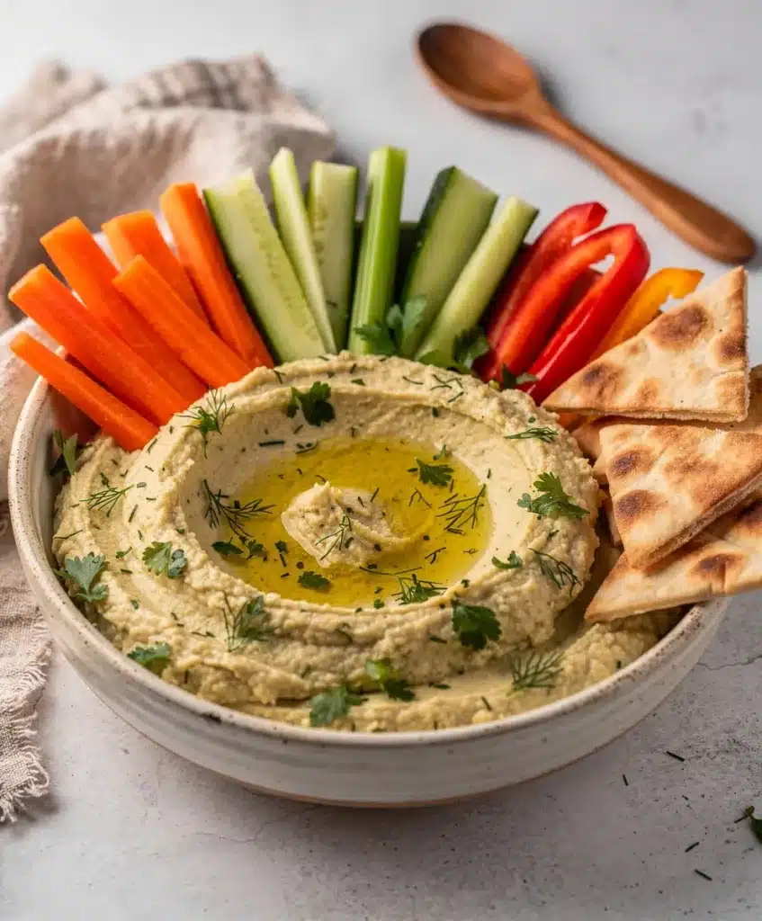 Creamy lemon herb hummus garnished with fresh dill and olive oil