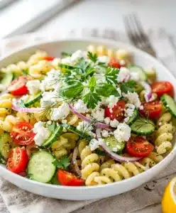 Vibrant lemon herb pasta salad with fusilli, feta, and fresh vegetables.