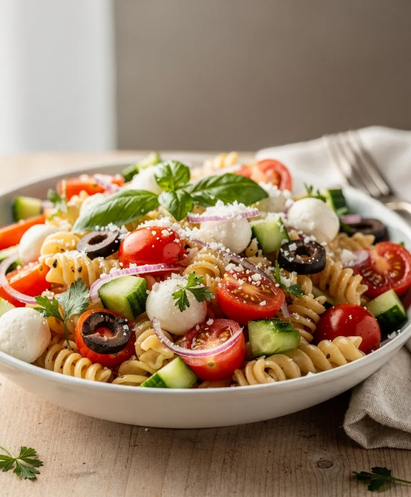 Light Italian pasta salad with mozzarella olives and tomatoes in creamy dressing