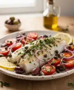 Mediterranean baked cod with tomatoes olives and lemon in white dish