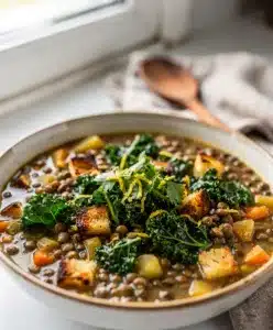 Creamy Mediterranean lentil soup recipe in a rustic bowl with fresh parsley garnish.