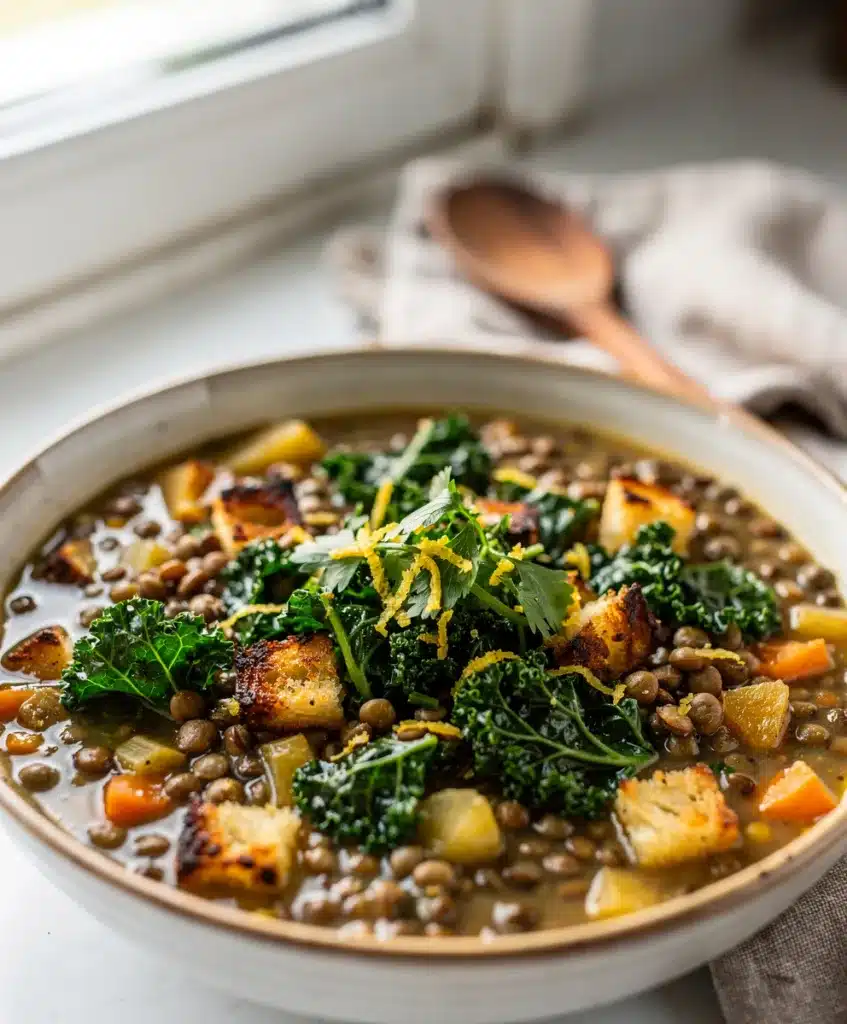 Creamy Mediterranean lentil soup recipe in a rustic bowl with fresh parsley garnish.