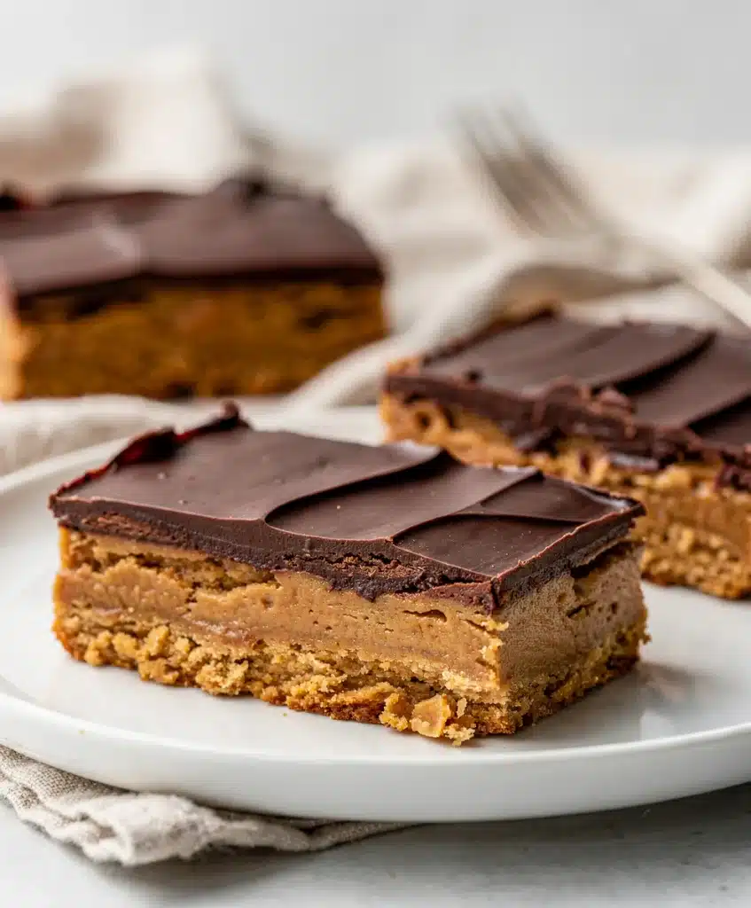 No bake peanut butter bars with chocolate topping on a white plate.