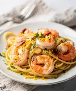 Creamy olive oil shrimp pasta with linguine lemon and fresh parsley garnish