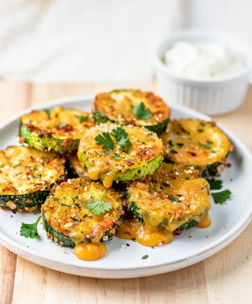 Crispy parmesan zucchini bites with melted cheese on a rustic wooden board.