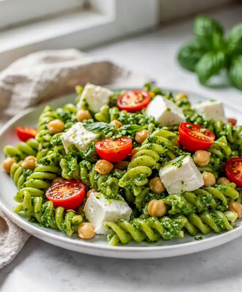 Colorful pesto pasta salad with mozzarella and tomatoes on rustic wooden table