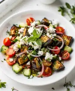 Roasted eggplant salad with feta cheese in a rustic white bowl.