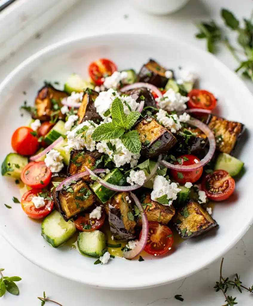 Roasted eggplant salad with feta cheese in a rustic white bowl.