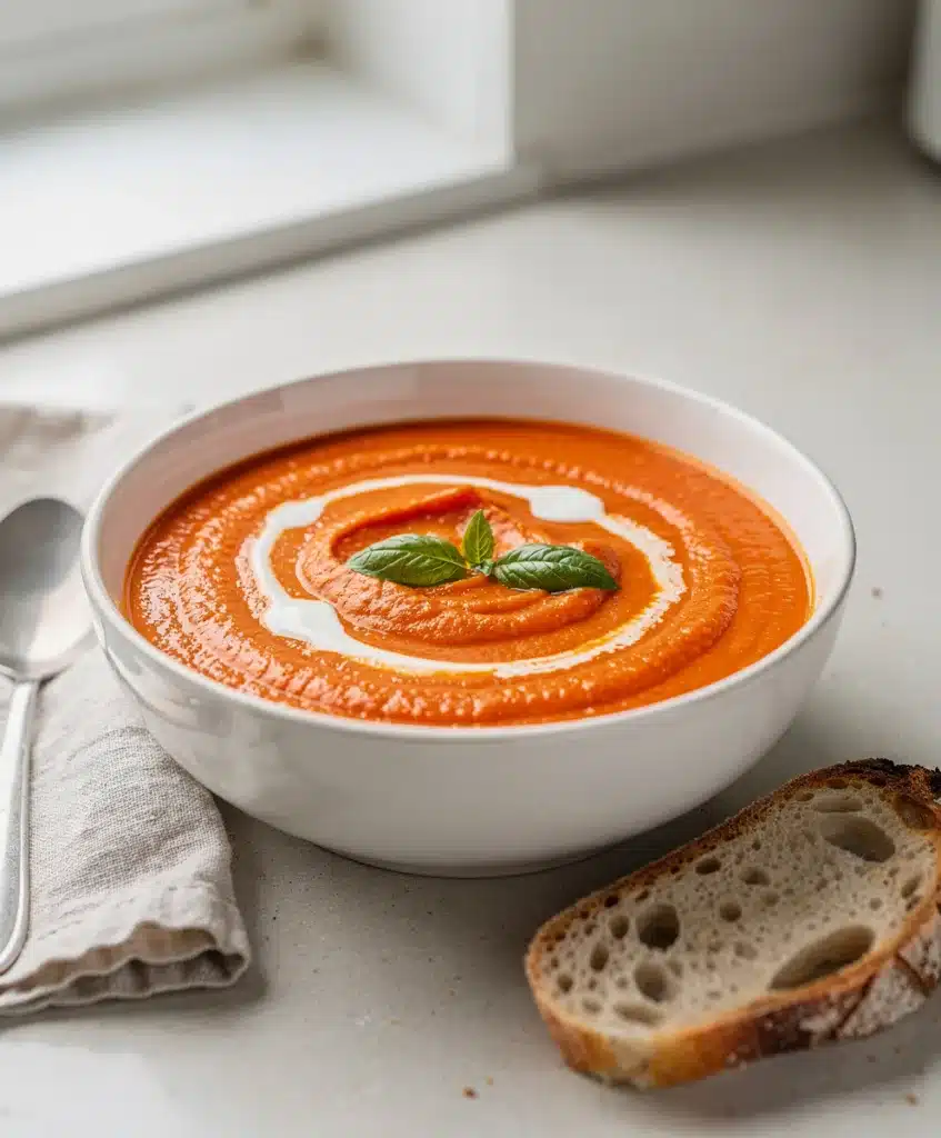 Creamy roasted red pepper soup garnished with fresh basil and cream