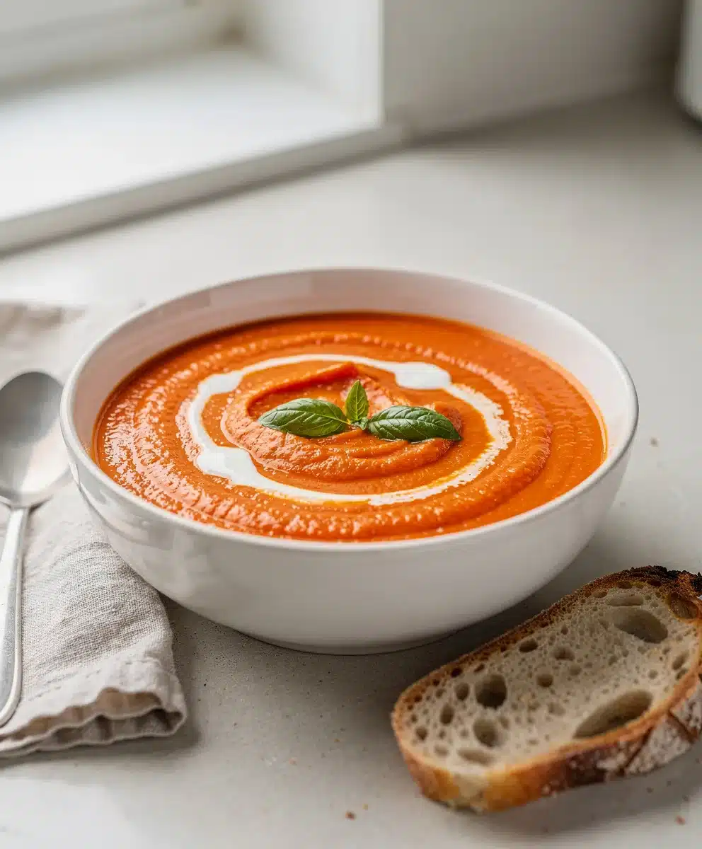 Creamy roasted red pepper soup garnished with fresh basil and cream