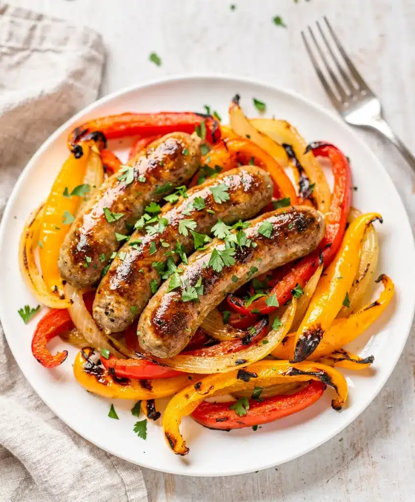 Sheet pan sausage and peppers recipe with roasted bell peppers and onions