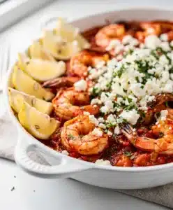 Rustic shrimp and feta bake in a chunky tomato sauce with herbs.