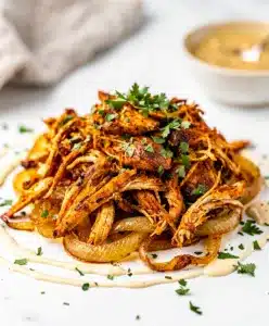 Slow cooker chicken shawarma pita wrap with tahini sauce and fresh vegetables