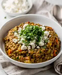 Slow cooker Mediterranean lentils with kale and feta in a rustic ceramic bowl.