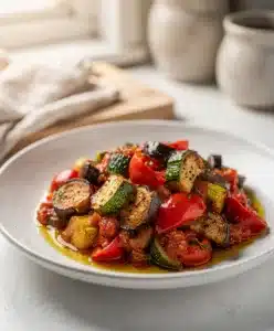 Slow Cooker Ratatouille vegetable stew in a rustic white ceramic bowl.