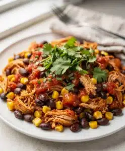 Slow cooker salsa chicken with black beans and corn in a bowl