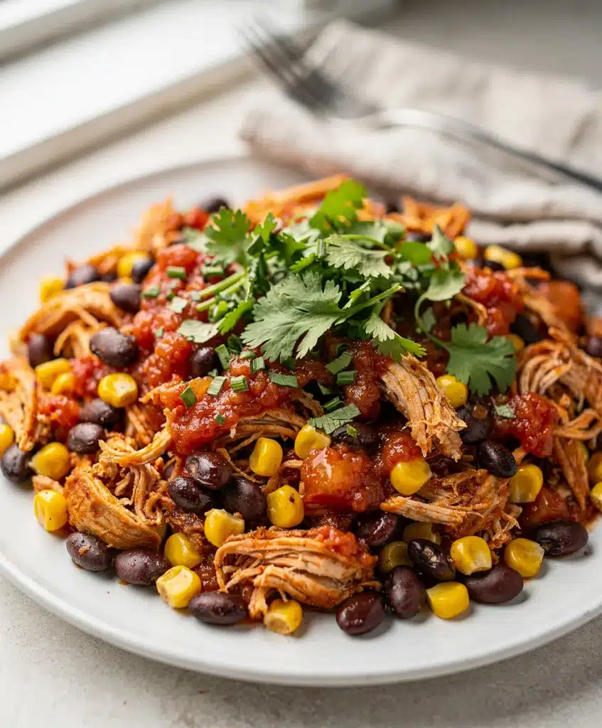 Slow cooker salsa chicken with black beans and corn in a bowl