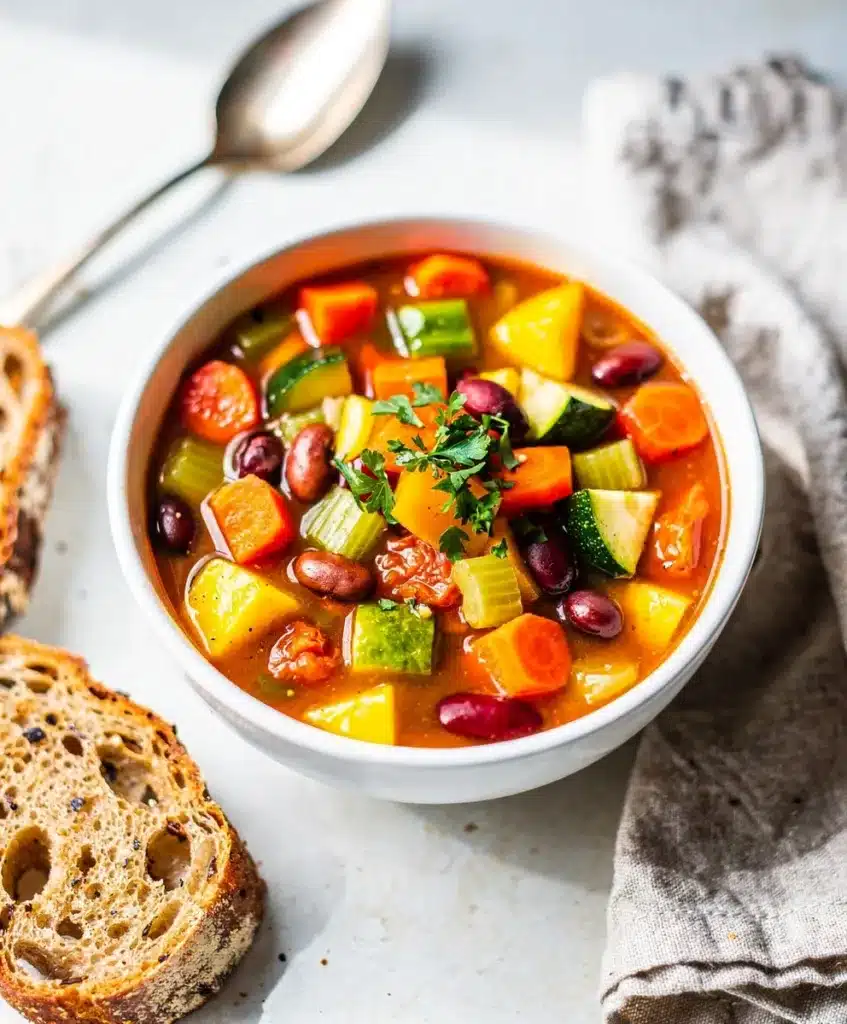 Hearty slow cooker vegetable soup with colorful beans and corn in tomato broth.