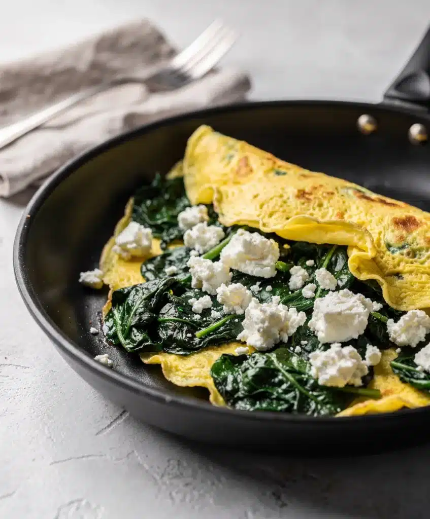 Spinach feta omelet recipe with creamy eggs and melted cheese close up