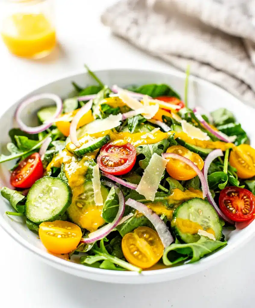 Fresh spring mix salad with lemon vinaigrette in a bright homemade close up