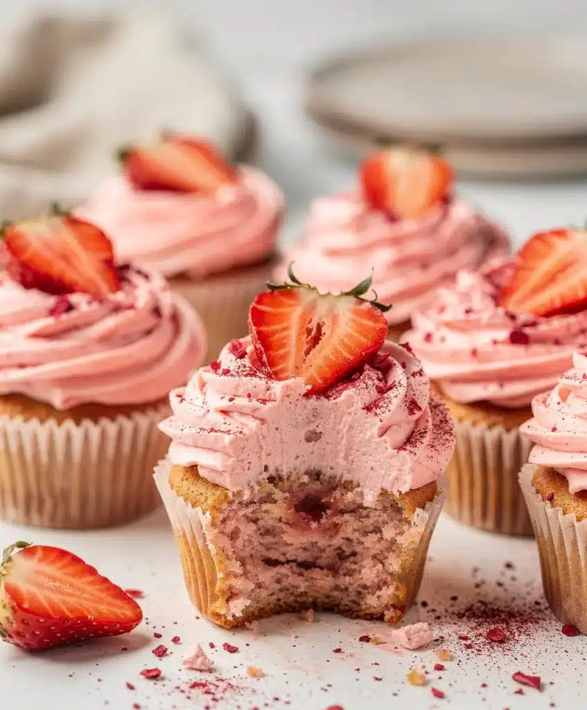 Strawberry cream cupcakes with pink frosting and fresh fruit garnish.