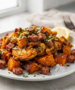 Savory corned beef hash with crispy sweet potatoes in a cast iron skillet