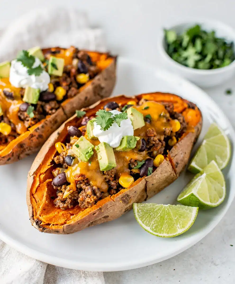 Savory taco stuffed sweet potatoes make a perfect easy weeknight dinner.