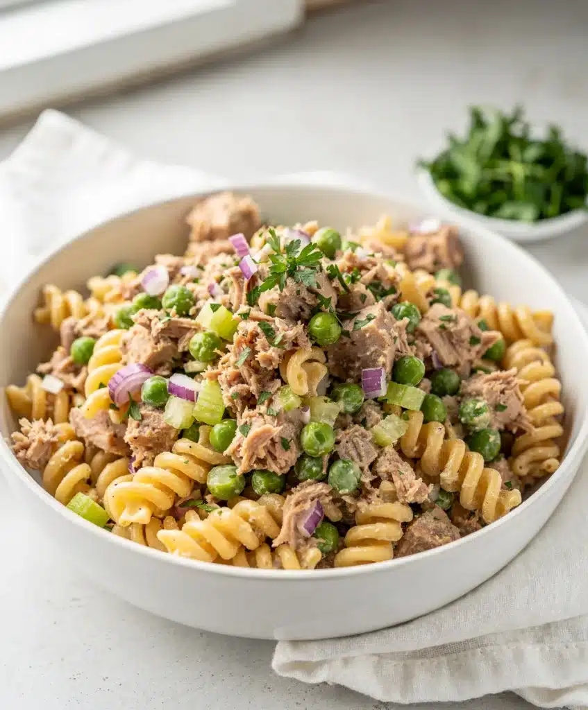 Creamy tuna pasta salad with peas and rotini in a homemade close-up.