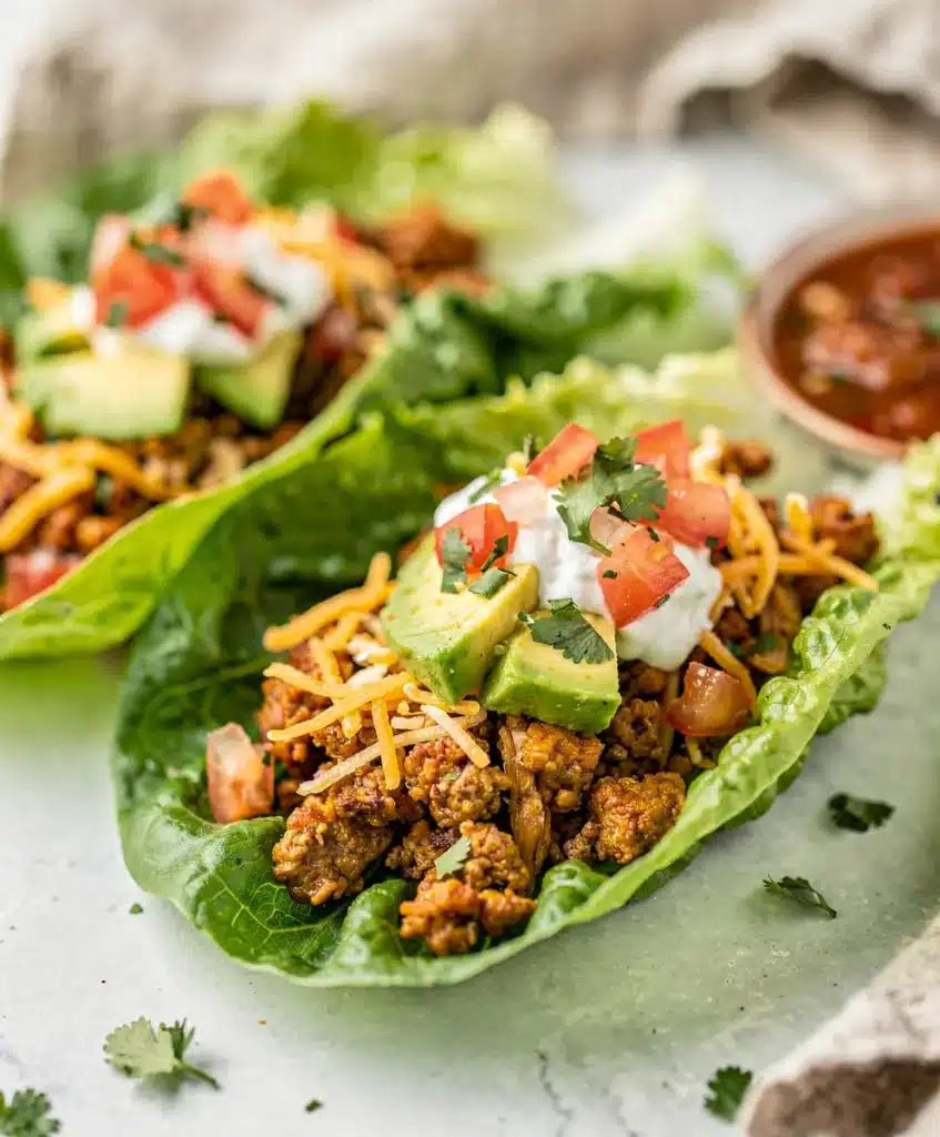 Healthy turkey taco lettuce wraps with seasoned meat and crisp fresh lettuce