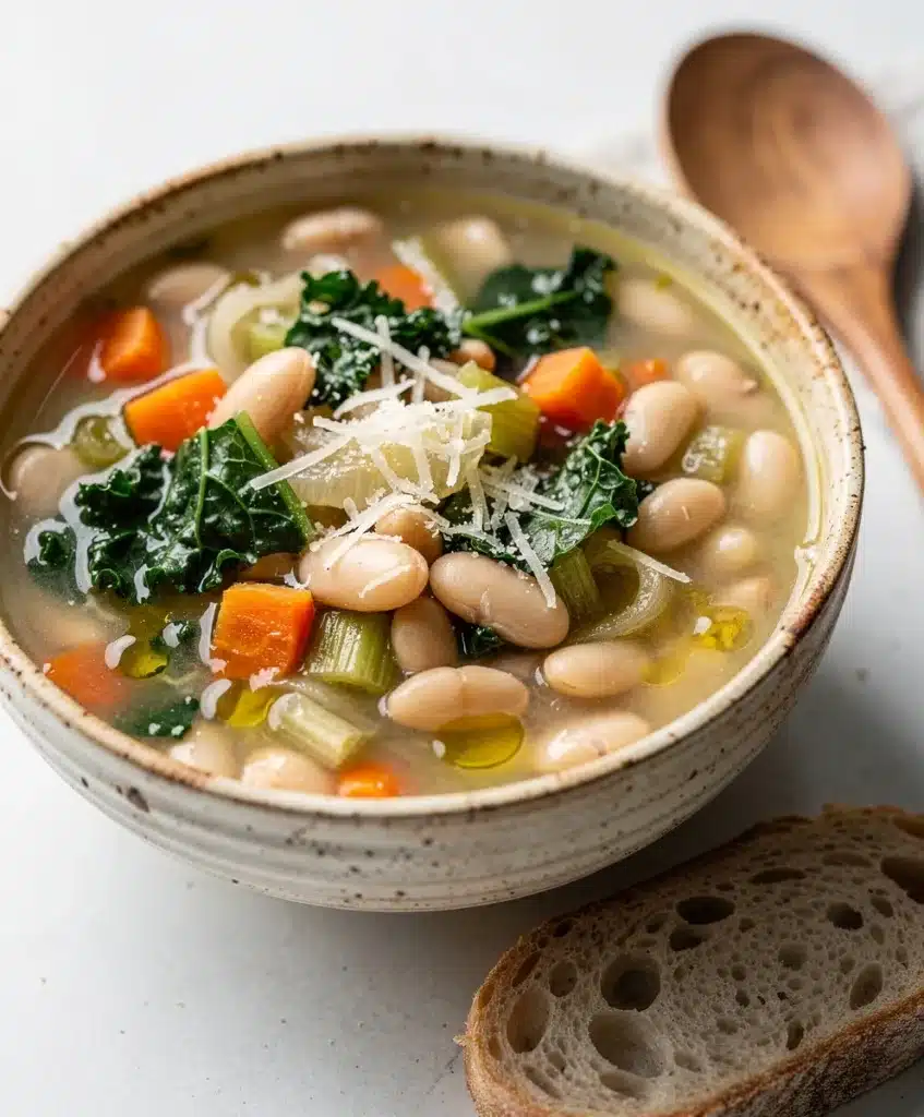 Creamy Tuscan white bean soup with kale in a rustic bowl.