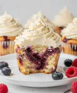 Vanilla bean cupcakes with a vibrant berry swirl and creamy frosting.