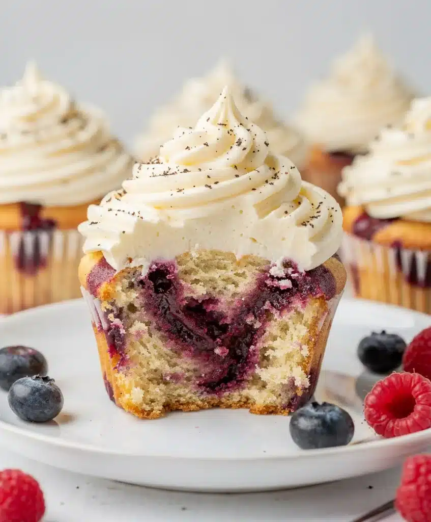 Vanilla bean cupcakes with a vibrant berry swirl and creamy frosting.