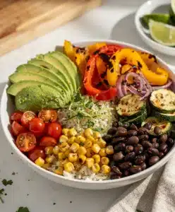Colorful veggie loaded burrito bowl with rice, beans, salsa, and fresh avocado.
