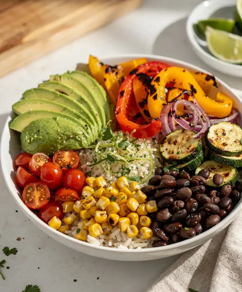 Colorful veggie loaded burrito bowl with rice, beans, salsa, and fresh avocado.