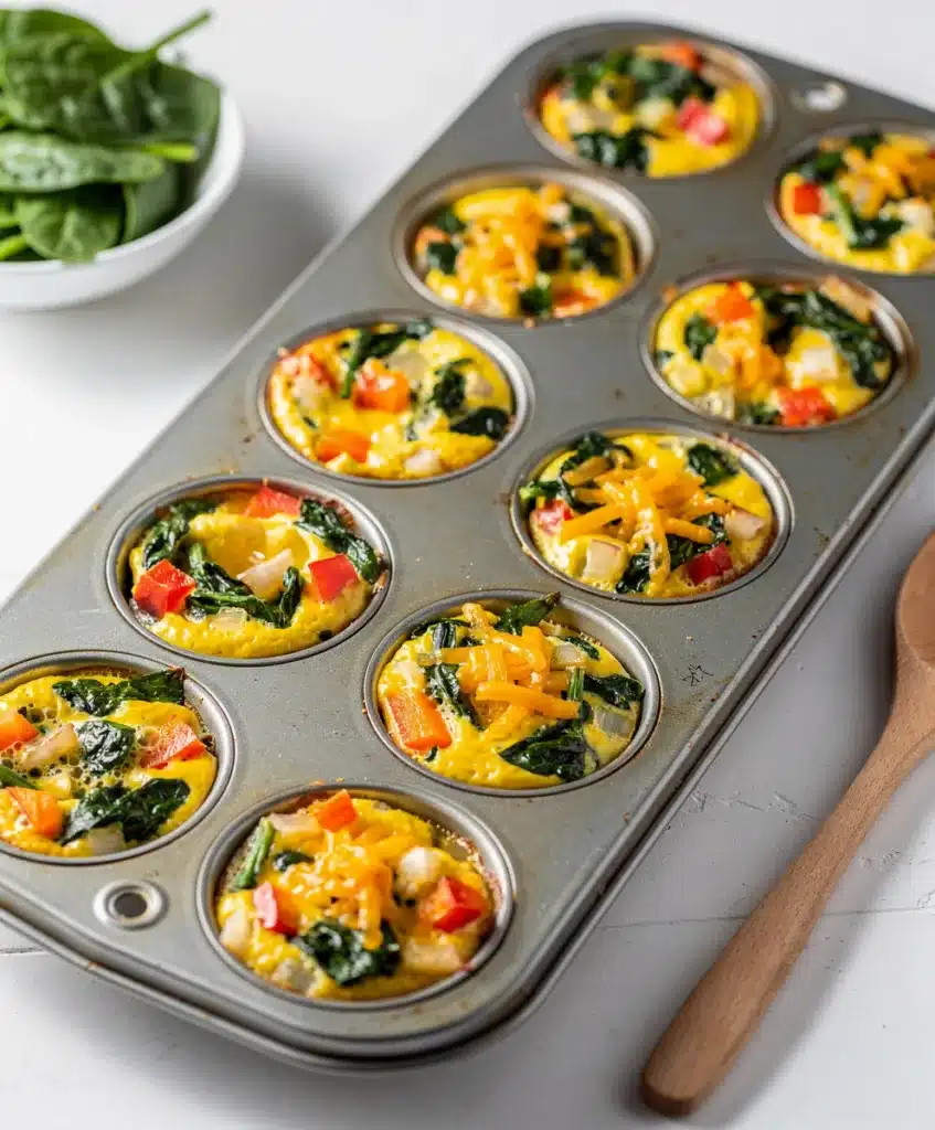 Golden brown veggie egg muffins with spinach and cheddar cheese in tin.