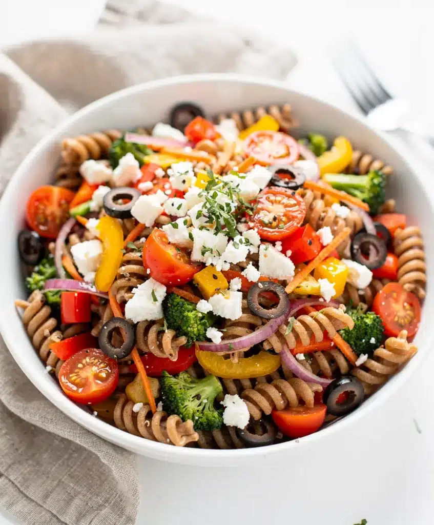 Colorful whole wheat veggie pasta salad with creamy feta and glossy vinaigrette dressing.