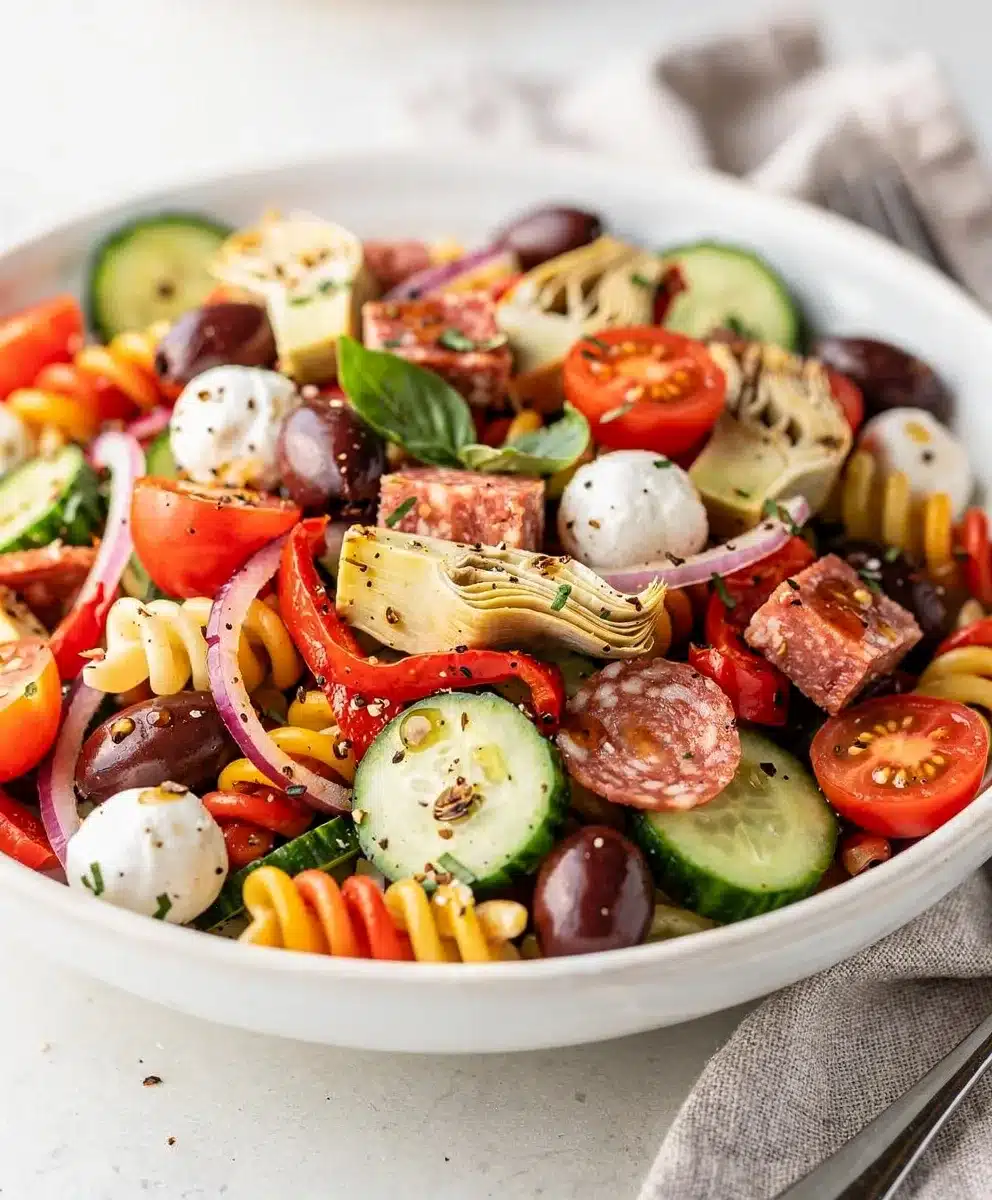 Colorful Italian antipasto salad with mozzarella pearls and crisp fresh vegetables.