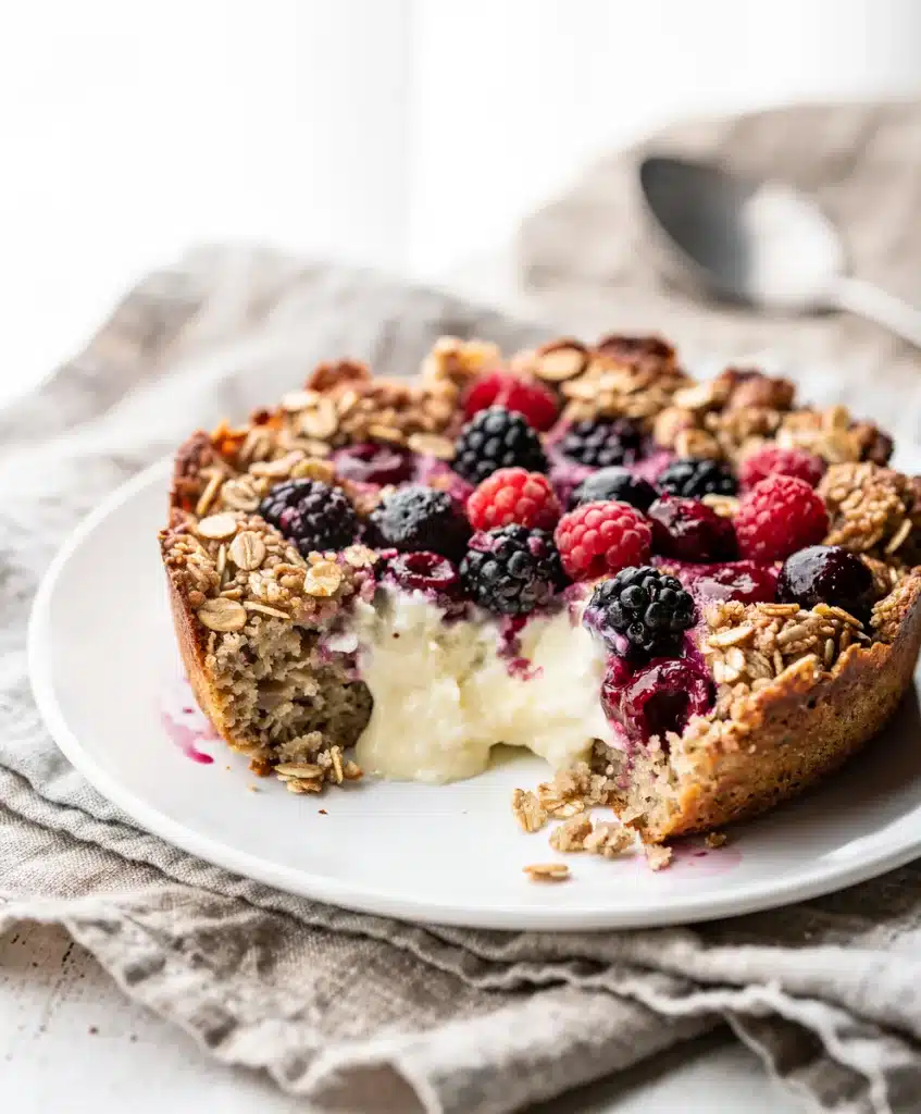 Baked oatmeal with berries in a rustic dish features honey yogurt and almonds.