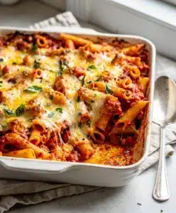 Creamy baked ziti pasta with rich tomato sauce and melted cheese.