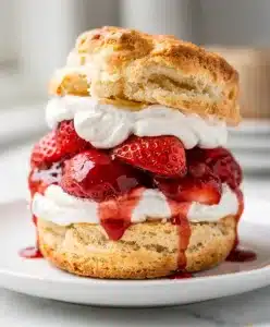 Tall flaky biscuit with macerated strawberries and vanilla whipped cream, bakery style shortcake.