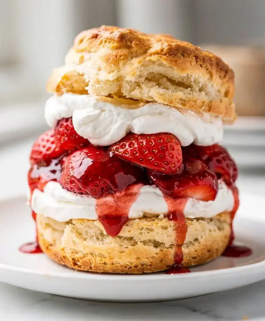 Tall flaky biscuit with macerated strawberries and vanilla whipped cream, bakery style shortcake.